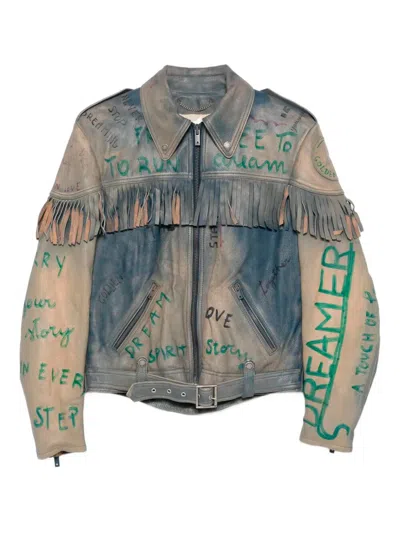 Golden Goose Stylish Leather Jacket With Fringe And Print In Blue
