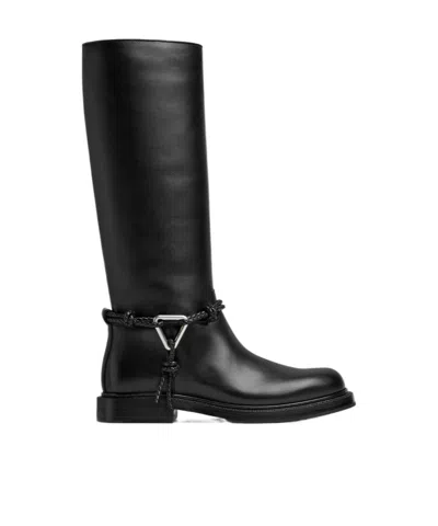 Bottega Veneta Knee High Boot Braided Strap Detail In Black