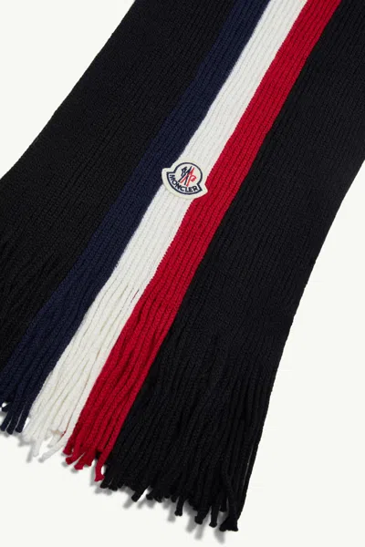 Moncler Logo Patch Stripe Virgin Wool Fringe Scarf In Black