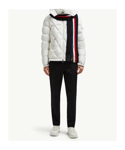 Moncler Logo Patch Stripe Virgin Wool Fringe Scarf In Black