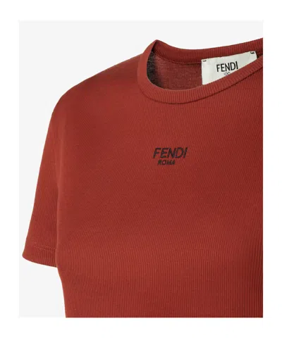 Fendi Women Brick Stretch Cotton T-shirt In Brown