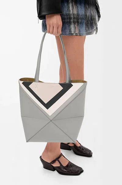 Loewe Women Puzzle Fold Square Medium Leather Tote In Gray
