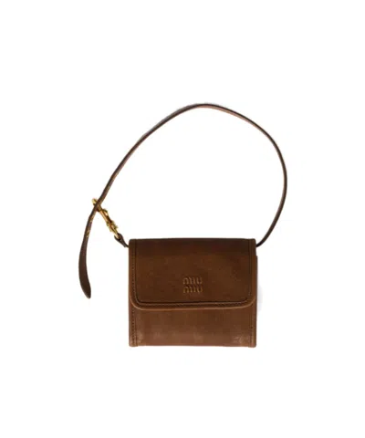 Miu Miu Nappa Leather Wallet With Shoulder Strap In Brown
