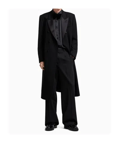 Emporio Armani Double-breasted Long Coat Satin Lapels In Black
