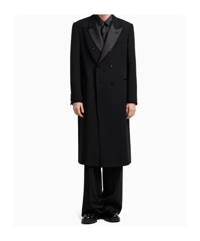 Emporio Armani Double-breasted Long Coat Satin Lapels In Black