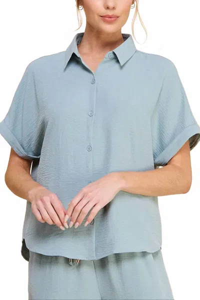 Allie Rose Soft & Airy Rolled Cuff Short Sleeve Top And Adjustable Short In Dusty Teal In Gray