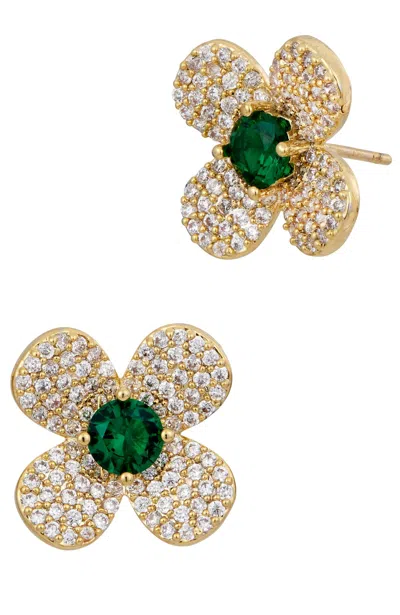 Savvy Cie Jewels 18k Yellow Gold Plated Crystal Floral Stud Earrings In Green