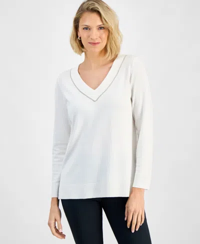 Jm Collection Petite Embellished Tunic Sweater, Macy's Exclusive In White