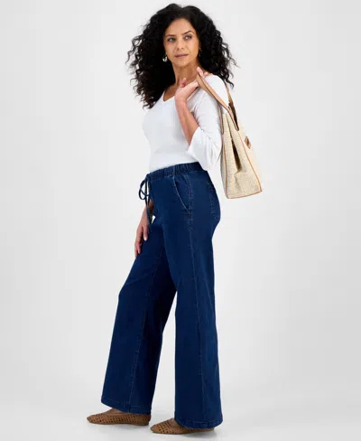 Style & Co Petite High-rise Pull-on Wide-leg Jeans, Exclusively At Macy's In Blue