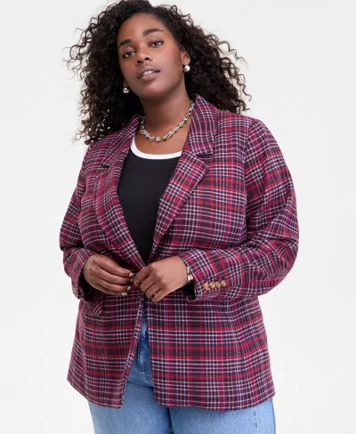 On 34th Trendy Plus Size Plaid Single-button Blazer, Macy's Exclusive In Burgundy