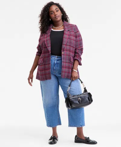 On 34th Trendy Plus Size Plaid Single-button Blazer, Macy's Exclusive In Burgundy
