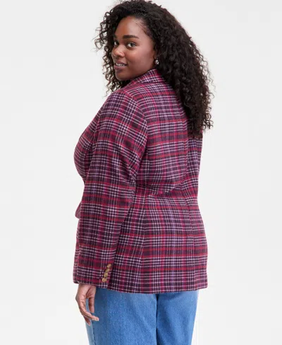 On 34th Trendy Plus Size Plaid Single-button Blazer, Macy's Exclusive In Burgundy