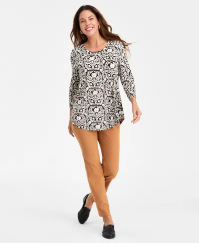 Jm Collection Women's Floral-print Round-hem Top, Macy's Exclusive In Black