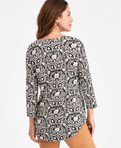 Jm Collection Women's Floral-print Round-hem Top, Macy's Exclusive In Black