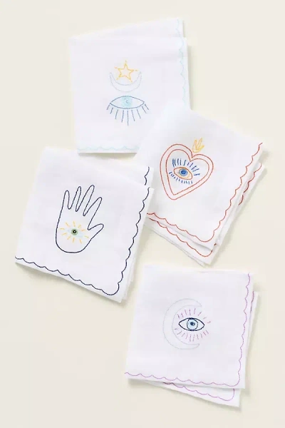 Pomegranate Linen Cocktail Napkins, Set Of 4 In White