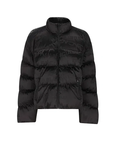 Balenciaga Men Nylon Down Jacket With All-over Lettering Logo In Black