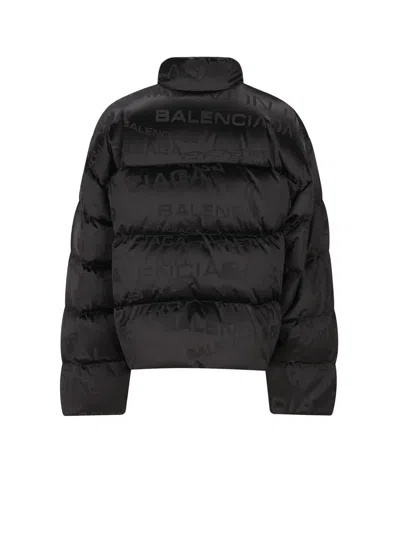 Balenciaga Men Nylon Down Jacket With All-over Lettering Logo In Black