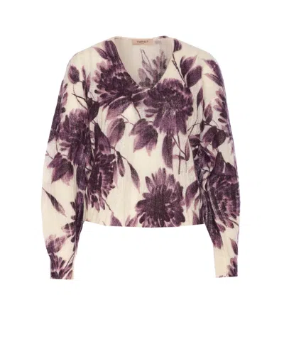 Twinset Twin-set Cropped Sweater With Floral Pattern And Textured Finish In White