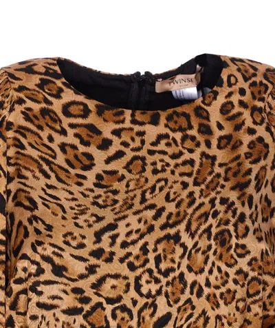 Twinset Leopard-print Puff-sleeve Mini Dress In Brown