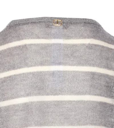 Twinset Twin-set Relaxed Grey Knit Sweater With Floral Embroidery In Gray