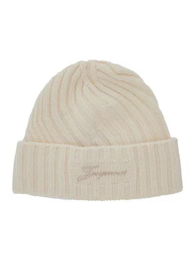 Jacquemus Le Bonnet Tourni White Beanie With Turn-up Brim And Logo Lettering On The Front In Wool Man In Neutral