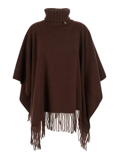Fabiana Filippi Turtleneck Fringe Poncho In Brown