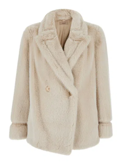 Twinset White Double-breasted Coat With Peak Revers In Ecofur Woman In Neutral