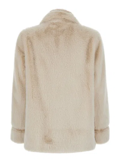 Twinset White Double-breasted Coat With Peak Revers In Ecofur Woman In Neutral