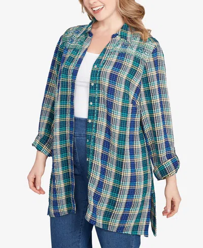 Ruby Rd. Plus Size Embroidered Plaid Button Down Top In Green