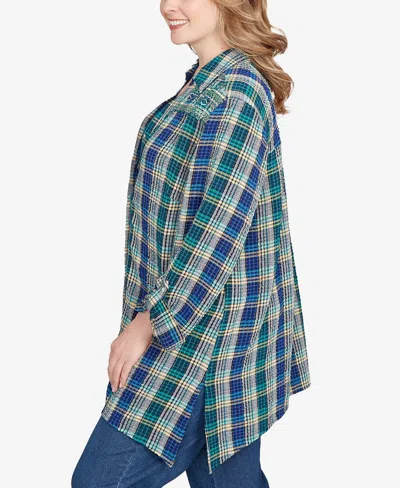 Ruby Rd. Plus Size Embroidered Plaid Button Down Top In Green
