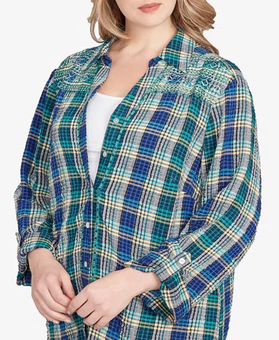Ruby Rd. Plus Size Embroidered Plaid Button Down Top In Green