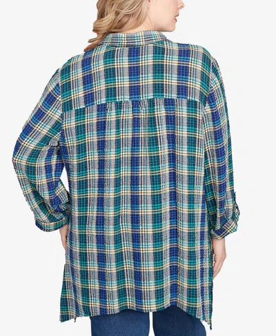 Ruby Rd. Plus Size Embroidered Plaid Button Down Top In Green