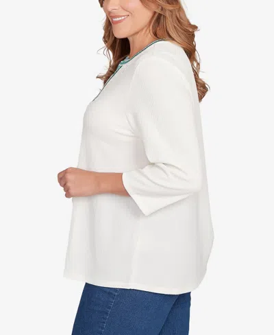 Ruby Rd. Plus Size Embellished Textured Split Neck Top In White