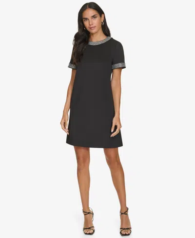 Calvin Klein Petite Heatfix Trim Jewel Neck Dress In Black