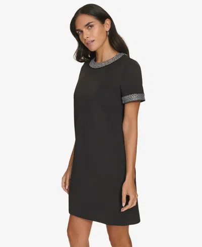Calvin Klein Petite Heatfix Trim Jewel Neck Dress In Black