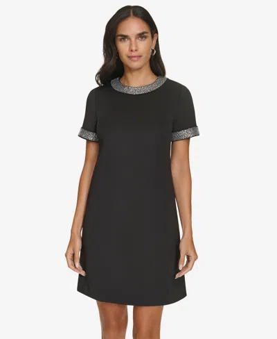Calvin Klein Petite Heatfix Trim Jewel Neck Dress In Black