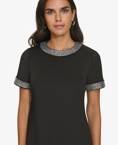 Calvin Klein Petite Heatfix Trim Jewel Neck Dress In Black