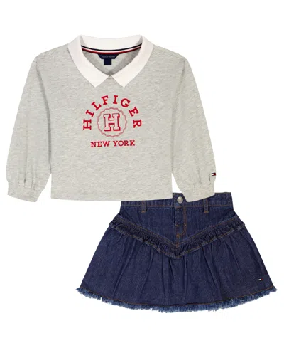 Tommy Hilfiger Toddler And Little Girls 2-piece Collared Top And Denim Flare Skirt Set In Multi