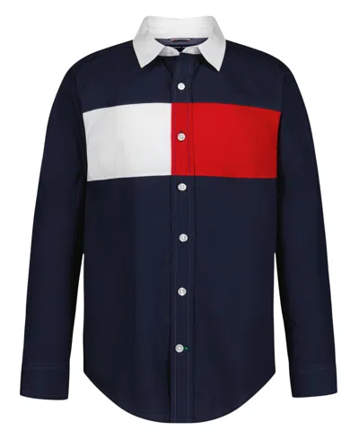 Tommy Hilfiger Boys 2t-7 Chest Flag Point Collar Shirt In Blue