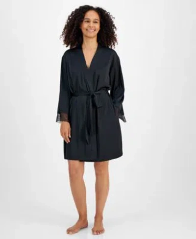 Inc International Concepts Womens Lace Trim Stretch Satin Robe Created For Macys Xs 3x In Black