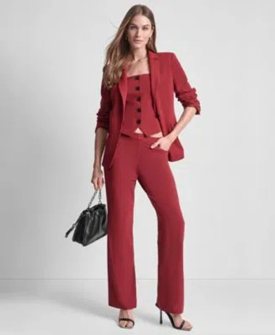 Dkny Womens Padded Shoulder One Button Jacket Modern Fit Mid Rise Trousers Square Neck Button Front Vest In Red