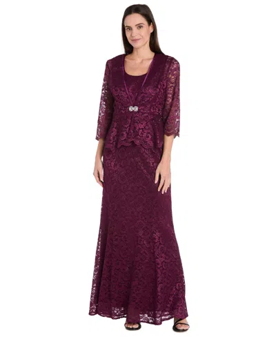 R & M Richards Petite 2-pc. Metallic-lace Gown & Jacket Set In Burgundy