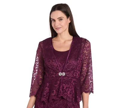R & M Richards Petite 2-pc. Metallic-lace Gown & Jacket Set In Burgundy