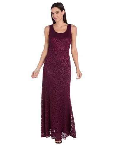 R & M Richards Petite 2-pc. Metallic-lace Gown & Jacket Set In Burgundy