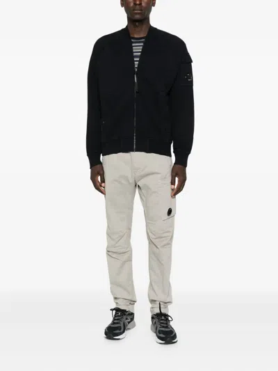 C.p. Company Black Zip-up Cardigan With Ribbed Detailing In Black