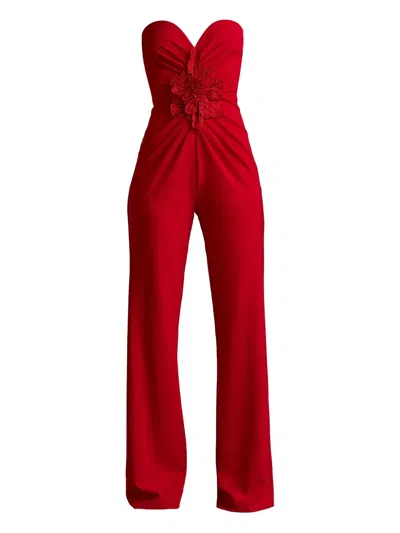 Tadashi Shoji Embroidered Flower Detail Strapless Jumpsuit In Red