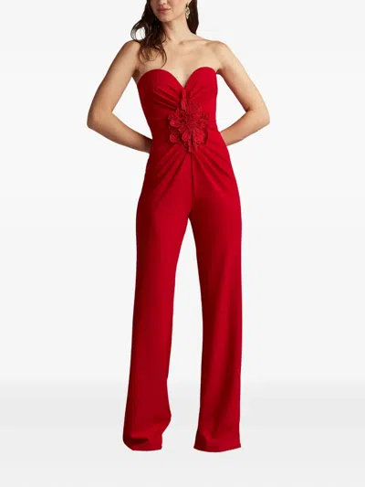 Tadashi Shoji Embroidered Flower Detail Strapless Jumpsuit In Red