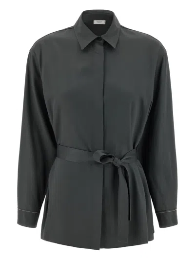Peserico Fluid Viscose Twill Shirt With Jewel-detail Cuffs In Gray
