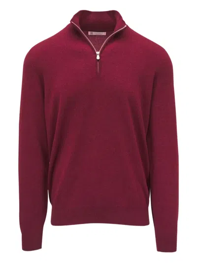 Brunello Cucinelli Half-zip Cashmere Sweater In Burgundy