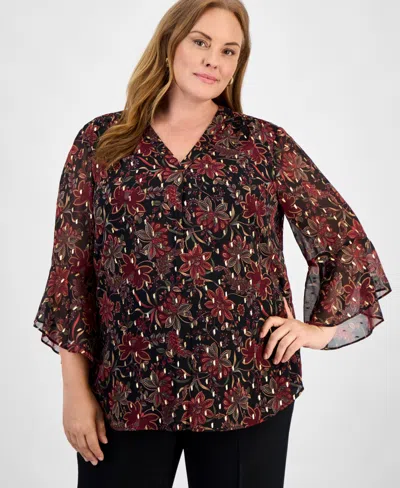 Jones New York Plus Size Printed V-neck Flutter-sleeve Top In Black